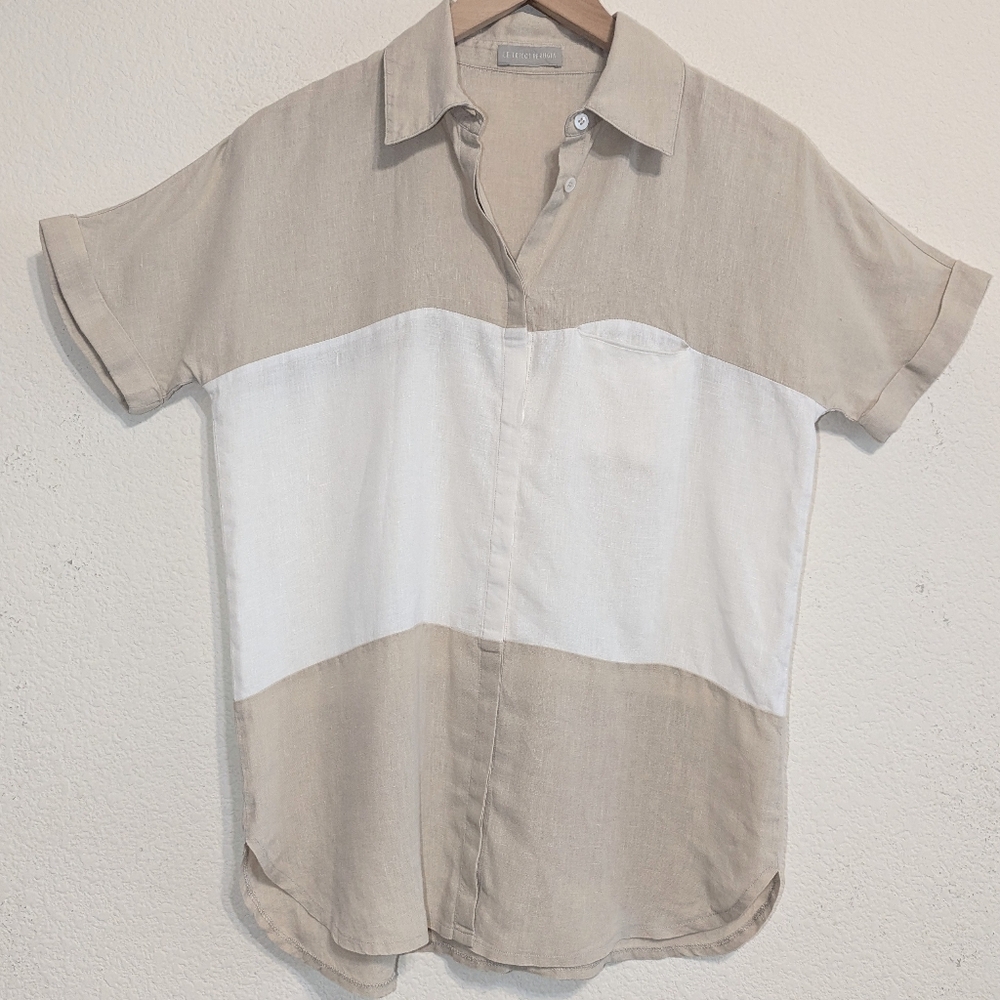 LE TRICOT PERUGIA Women's Medium Shirt 100%  Linen Tan White Color Block Top